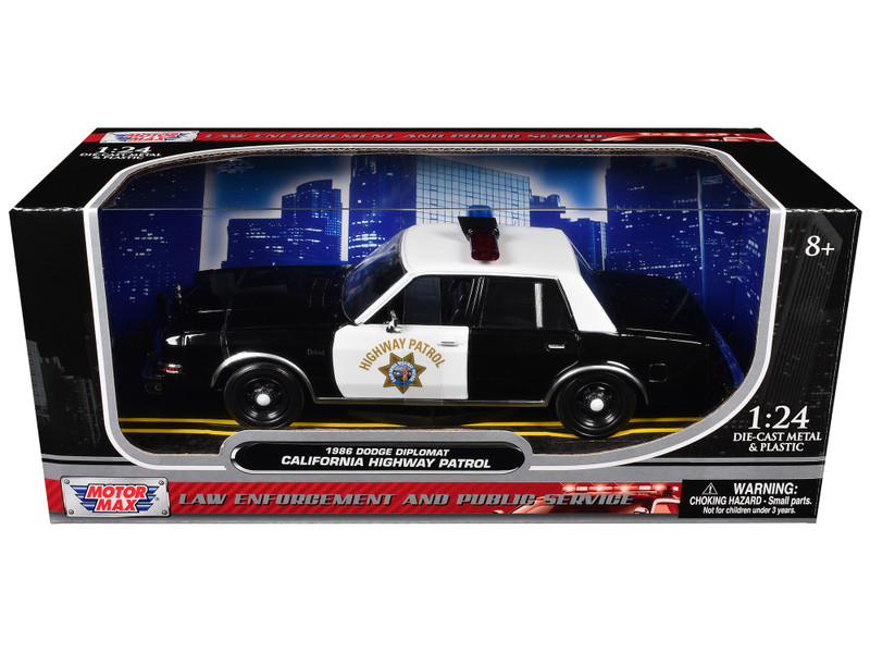 1986 Dodge Diplomat Police Car California Highway Patrol Black and White Law Enforcement and Public Service Series 1/24 Diecast Model Motormax 76466CHP