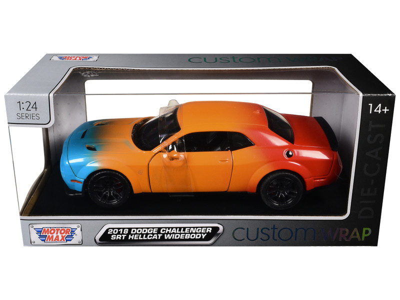 2018 Dodge Challenger SRT Hellcat Widebody Blue Orange and Red Gradient Custom Wrap Series 1/24 Diecast Model Motormax 79087