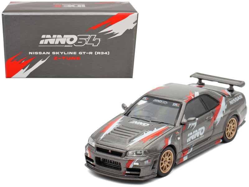 Nissan Skyline GT-R R34 Z-Tune RHD Right Hand Drive Gray Metallic with Graphics Indonesia Diecast Expo 2024 Exclusive Edition 1/64 Diecast Model Car Inno Models IN64-R34ZT-IDE11