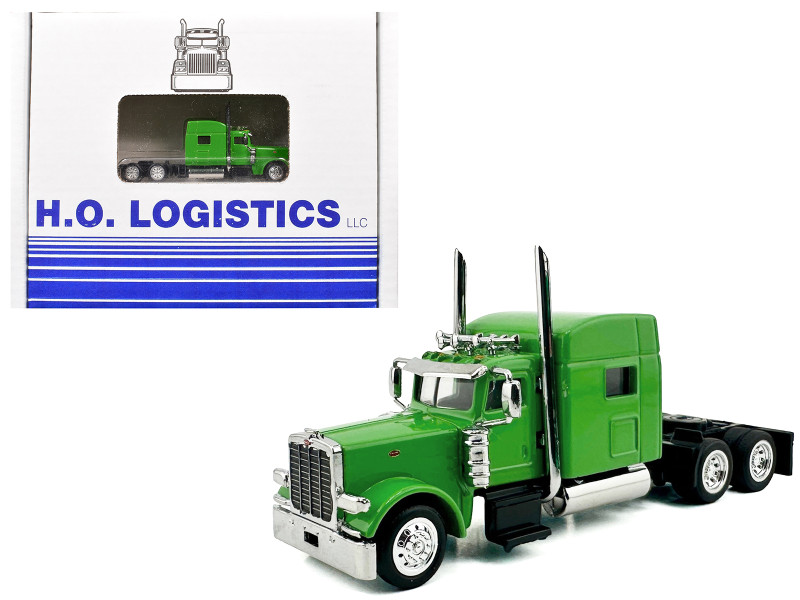 Peterbilt 389 Truck Tractor with Sleeper Cab Lime Green and Low Boy Flatbed Trailer Black Combo Set 1/87 (HO) Plastic Model Car HO Logistics HL-38904-489