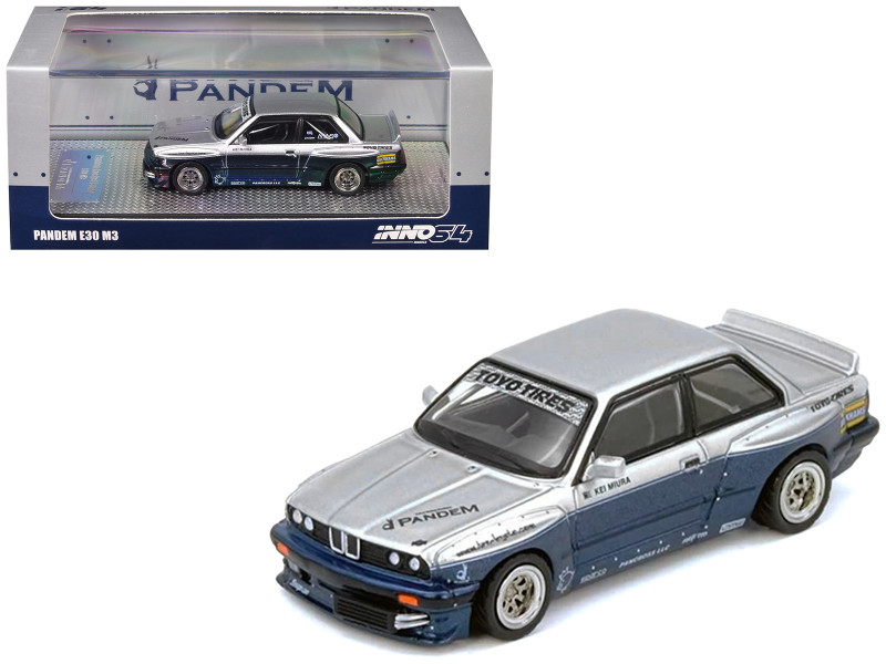 Pandem E30 M3 Silver Metallic and Dark Blue 1/64 Diecast Model Car Inno Models IN64-E30P-SILBLU