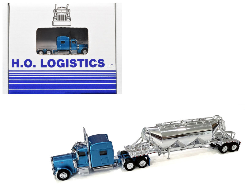Peterbilt 389 Truck Tractor with Sleeper Cab Blue Metallic and Pneumatic Tank Trailer Chrome Combo Set 1/87 (HO) Plastic Model Car HO Logistics HL-38906-001