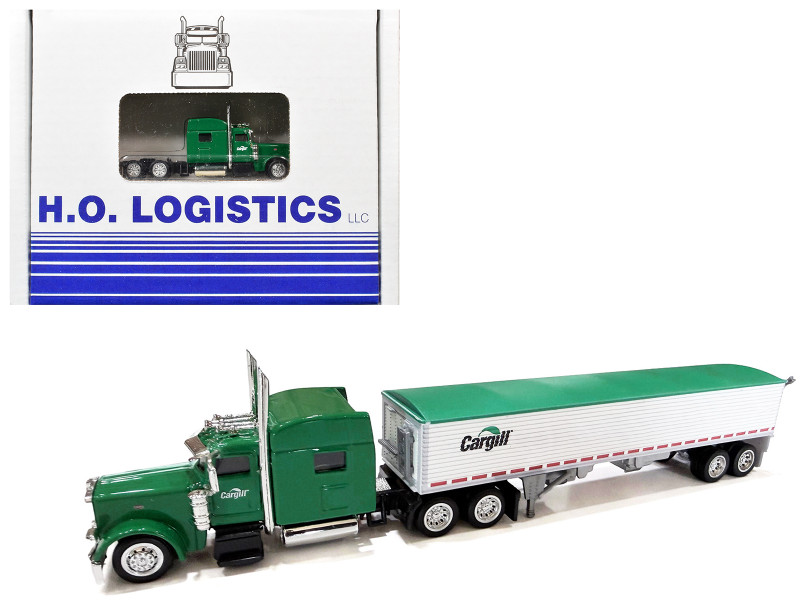 Peterbilt 389 Truck Tractor with Sleeper Cab Cargill Green and Covered Grain Trailer White with Green Tarp Combo Set 1/87 (HO) Plastic Model Car HO Logistics HL-38911-465