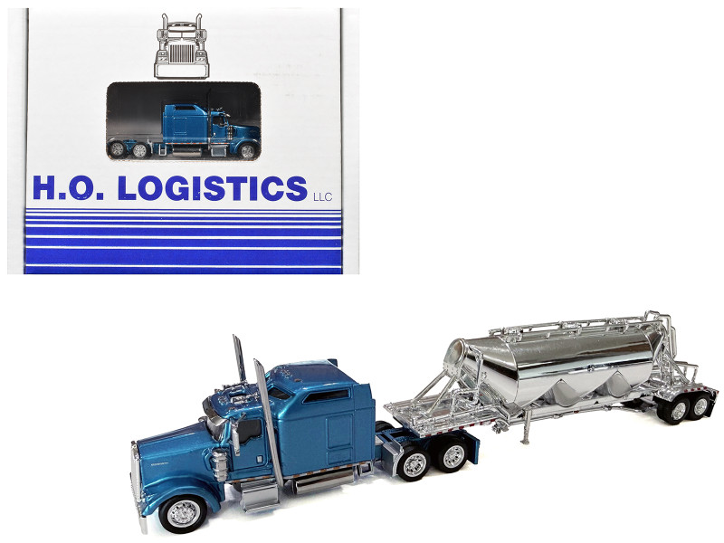 Kenworth W900L Truck Tractor with Sleeper Cab Blue Metallic and Pneumatic Tank Trailer Combo Set 1/87 (HO) Plastic Model Car HO Logistics HL-90006-001