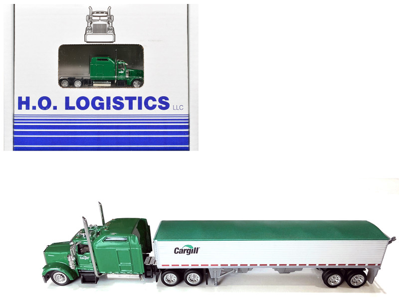 Kenworth W900L Truck Tractor with Sleeper Cab Cargill Green and Covered Grain Trailer White with Green Tarp Combo Set 1/87 (HO) Plastic Model Car HO Logistics HL-90011-465