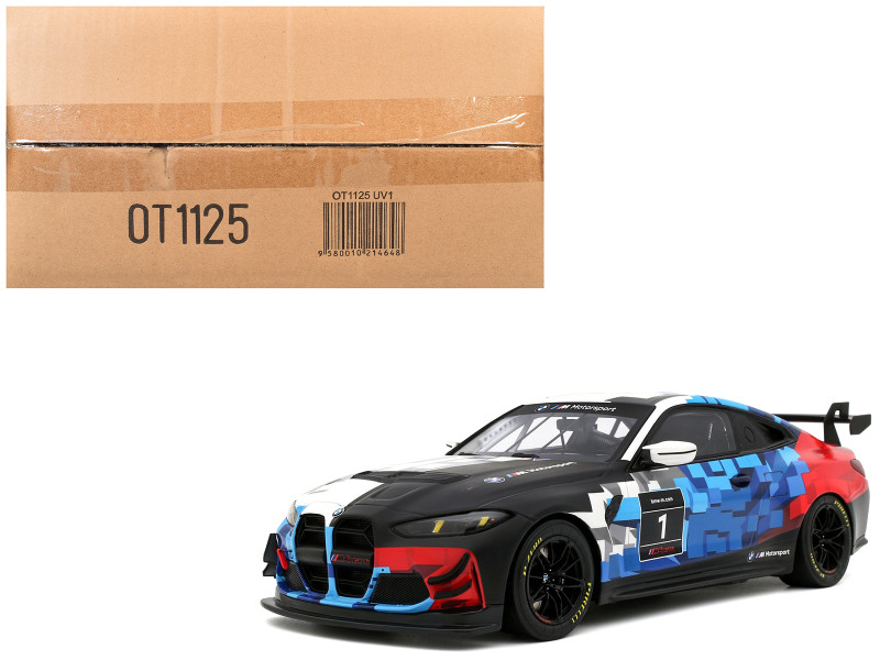 2024 BMW M4 GT4 #1 M Motorsport Livery Black and White with Red and Blue Graphics Limited Edition to 999 pieces Worldwide 1/18 Model Car Otto Mobile OT1125