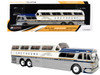 GM PD-4501 Scenicruiser Coach Bus Greyhound Bus Lines - 50th Anniversary Raw Metal with Blue and White Top and Gold Stripes The Bus & Motorcoach Collection 1/43 Plastic Model Iconic Replicas 43-0665