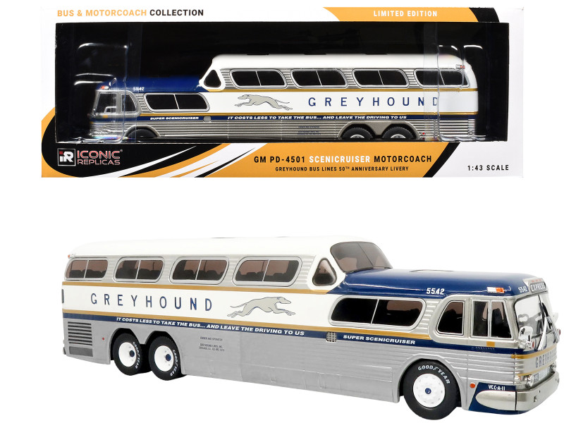 GM PD-4501 Scenicruiser Coach Bus Greyhound Bus Lines - 50th Anniversary Raw Metal with Blue and White Top and Gold Stripes The Bus & Motorcoach Collection 1/43 Plastic Model Iconic Replicas 43-0665