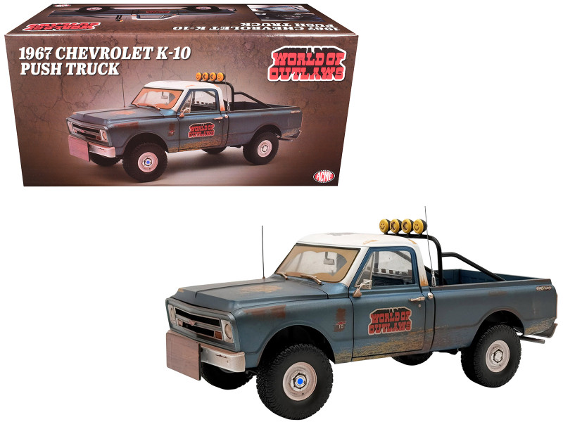 1967 Chevrolet K-10 Pickup Truck World of Outlaws Push Truck Blue Rusted with White Top Limited Edition to 378 pieces Worldwide 1/18 Model Car ACME A1807223