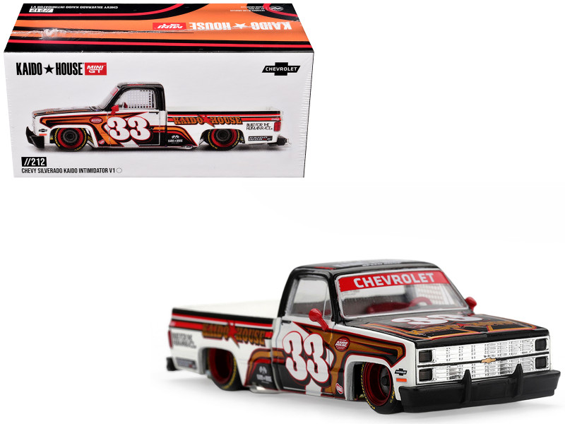 Chevrolet Silverado Pickup Truck #33 Kaido Intimidator V1 White and Black with Graphics Designed by Jun Imai Kaido House Special 1/64 Diecast Model Car Mini GT KHMG212
