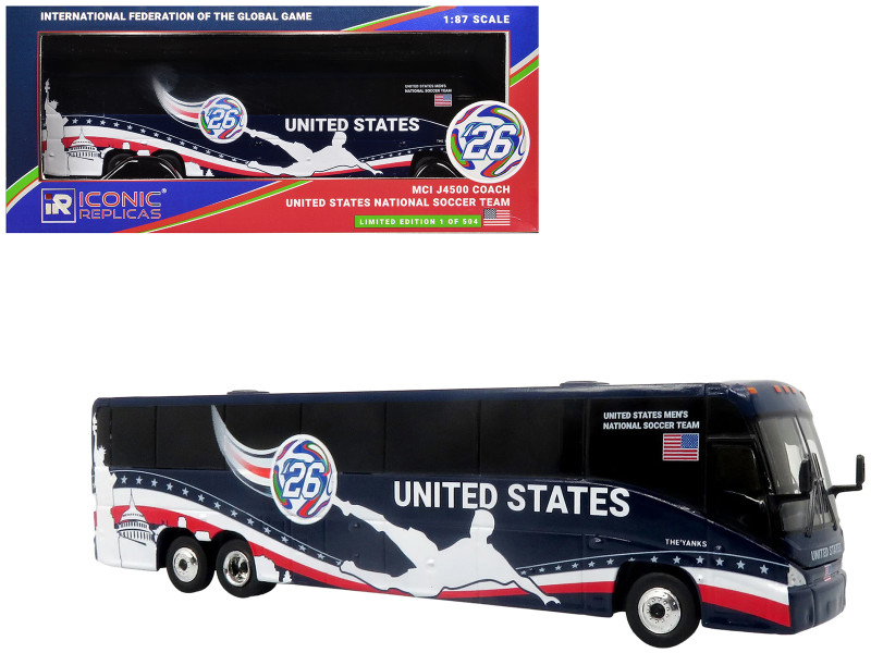 MCI J4500 Coach Bus United States National Soccer Team Dark Blue with Graphics International Federation of the Global Game Series Limited Edition to 504 pieces Worldwide 1/87 (HO) Diecast Model Iconic Replicas 87-0715