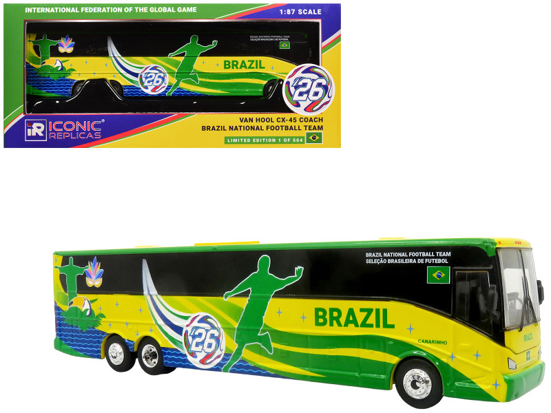 Van Hool CX-45 Coach Bus Brazil National Football Team Yellow and Green with Graphics International Federation of the Global Game Series Limited Edition to 504 pieces Worldwide 1/87 (HO) Diecast Model Iconic Replicas 87-0716