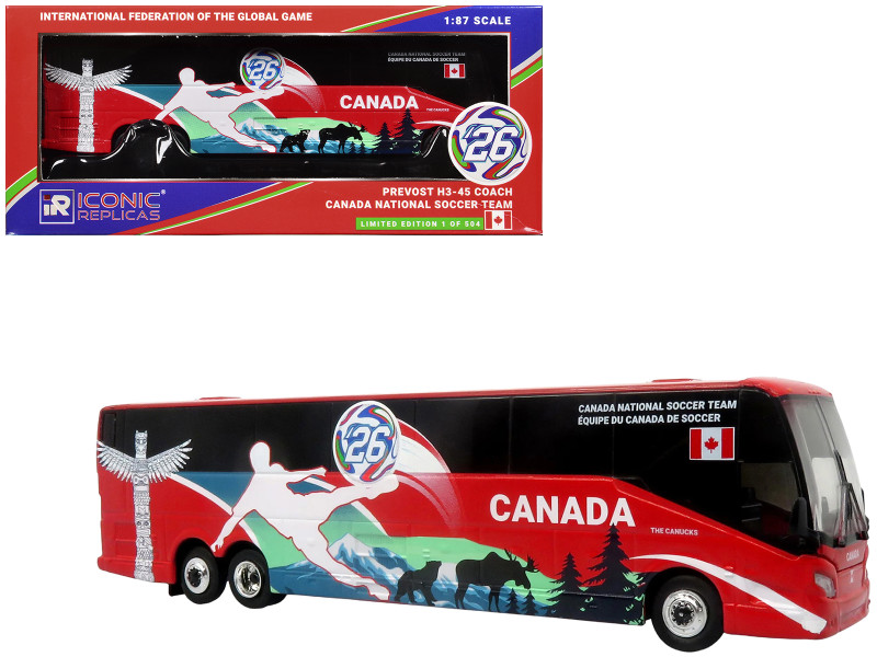 Prevost H3-45 Coach Bus Canada National Soccer Team Red with Graphics International Federation of the Global Game Series Limited Edition to 504 pieces Worldwide 1/87 (HO) Diecast Model Iconic Replicas 87-0719