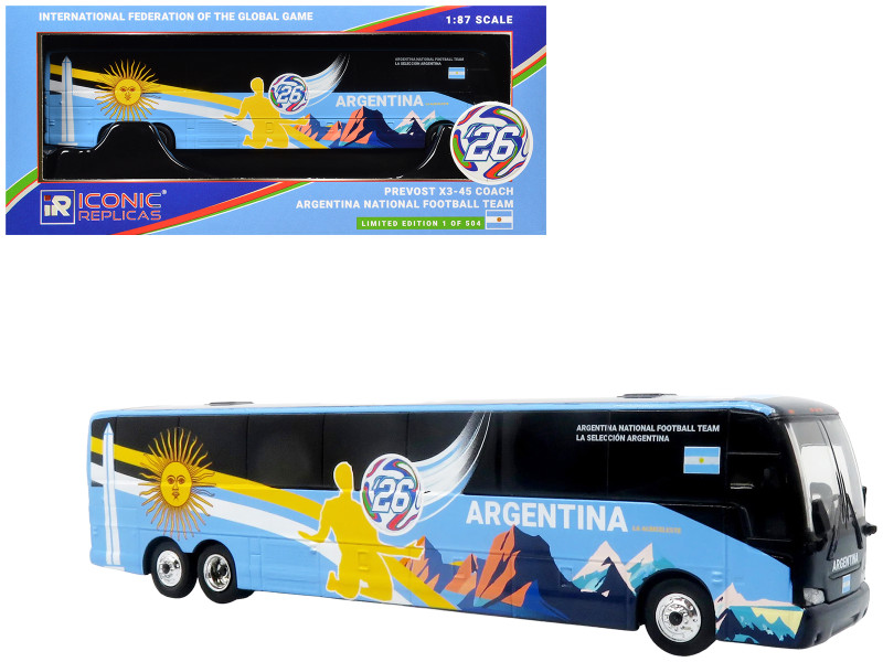Prevost X3-45 Coach Bus Argentina National Football Team Blue with Graphics International Federation of the Global Game Series Limited Edition to 504 pieces Worldwide 1/87 (HO) Diecast Model Iconic Replicas 87-0723
