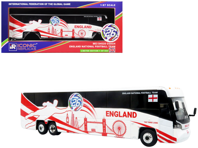 MCI D4520 Coach Bus England National Football Team White with Graphics International Federation of the Global Game Series Limited Edition to 504 pieces Worldwide 1/87 (HO) Diecast Model Iconic Replicas 87-0724