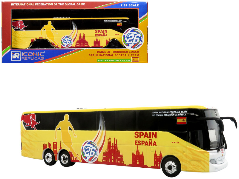 Daimler Tourrider Coach Bus Spain National Football Team Yellow with Graphics International Federation of the Global Game Series Limited Edition to 504 pieces Worldwide 1/87 (HO) Diecast Model Iconic Replicas 87-0726