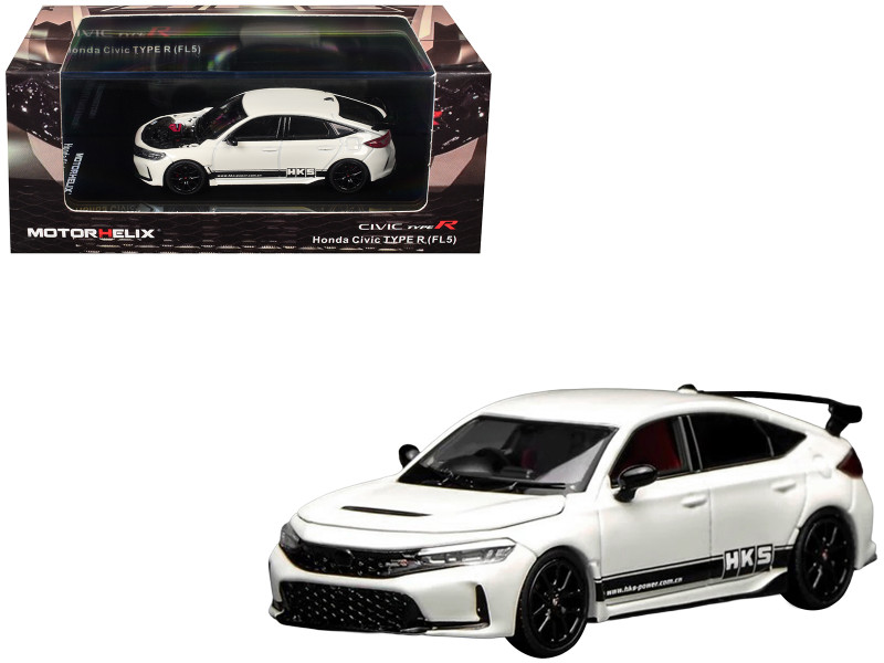 Honda Civic Type R FL5 RHD Right Hand Drive HKS White with Black Stripes 1/64 Diecast Model Car MotorHelix M65319