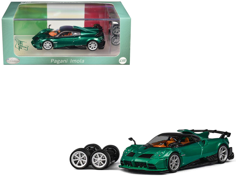 Pagani Imola Emerald Green Metallic with Carbon Top and Extra Wheels 1/64 Diecast Model Car CM Model CM64-IMOLA-10