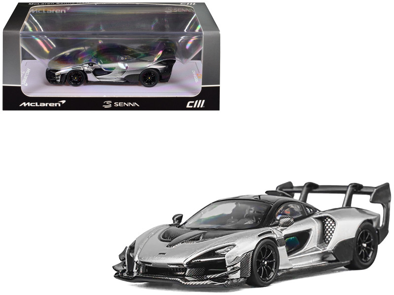 McLaren Senna GTR Silver Gray Metallic with Carbon Hood and Black Top 1/64 Diecast Model Car CM Model CM64-SENNAGTR-11