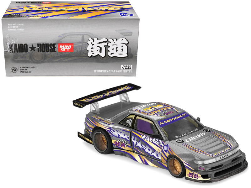 Nissan Silvia S13-R Kaido Drift V1 RHD Designed by Jun Imai Gray Metallic with Graphics Kaido House Special 1/64 Diecast Model Car Mini GT KHMG235