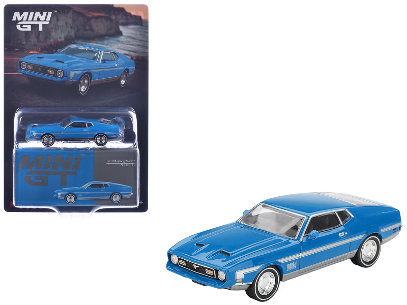 Ford Mustang Mach 1 Grabber Blue with Silver Stripes Limited Edition 1/64 Diecast Model Car Mini GT MGT01138