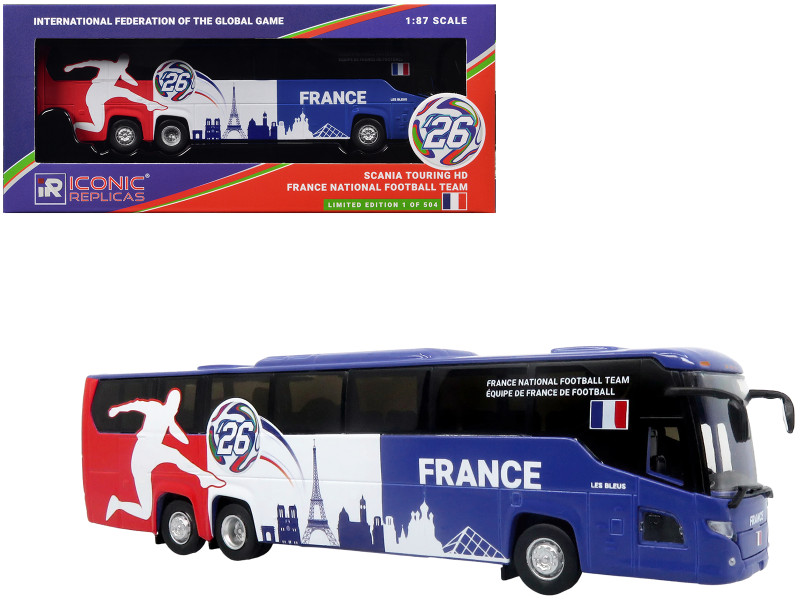 Scania Touring HD Coach Bus France National Football Team Blue with Graphics International Federation of the Global Game Series Limited Edition to 504 pieces Worldwide 1/87(HO) Diecast Model Iconic Replicas 87-0717