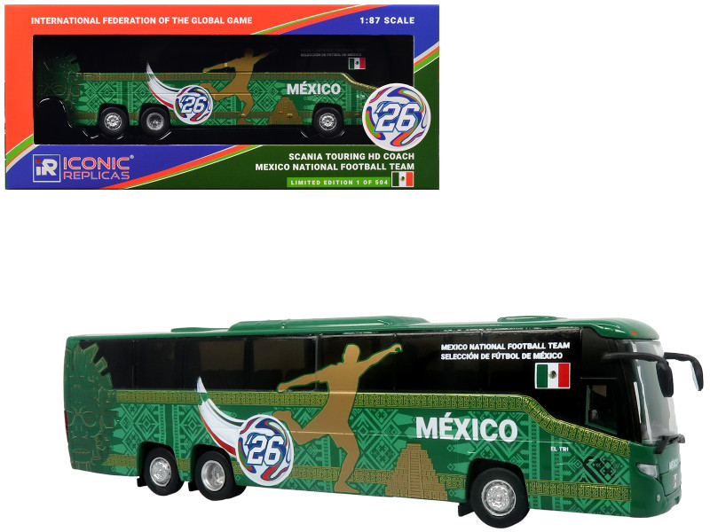 Scania Touring HD Coach Bus Mexico National Football Team Green with Graphics International Federation of the Global Game Series Limited Edition to 504 pieces Worldwide 1/87(HO) Diecast Model Iconic Replicas 87-0718