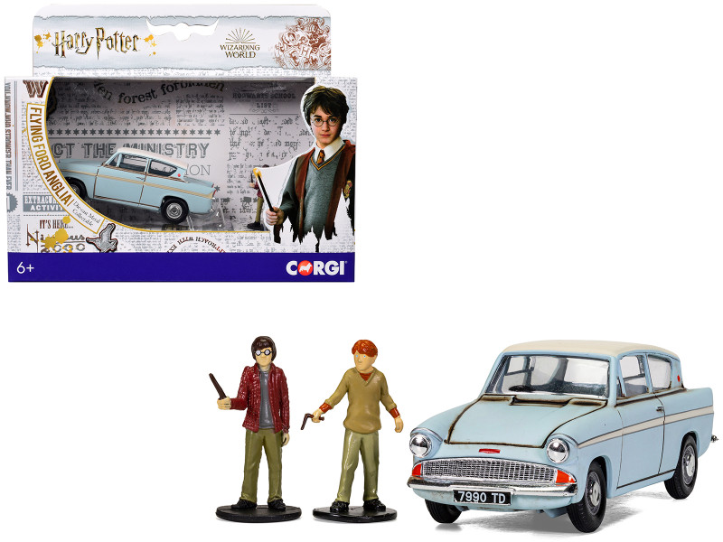 Flying Ford Anglia RHD Right Hand Drive Light Blue with White Top Weathered with Harry and Ron Figures Harry Potter Movie Series Diecast Model Corgi CC99725