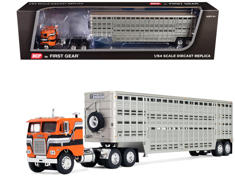 Freightliner COE and 45 Wilson Vintage Livestock Trailer Orange with Stripes 1/64 Diecast Model DCP/First Gear 60-2290