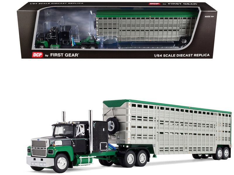 Ford LTL 9000 with 60 Flat Top Sleeper and 45 Wilson Vintage Livestock Trailer Black and Green 1/64 Diecast Model DCP/First Gear 60-2294