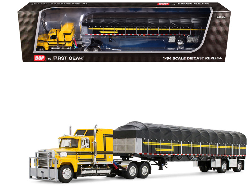 Ford LTL 9000 with 60 Aerodyne Sleeper and 53 Wilson Roadbrute Flatbed Trailer with Covered Wagon Yellow with Black Stripes 1/64 Diecast Model DCP/First Gear 60-2295