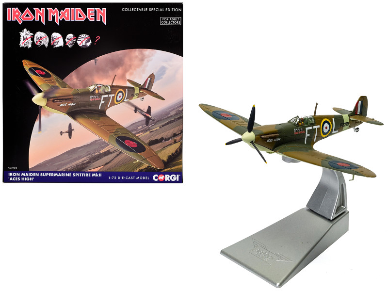 Supermarine Spitfire Mk.II Fighter Aircraft Iron Maiden 'Aces High' Green Camouflage with Graphics 1/72 Diecast Model Corgi CC39215