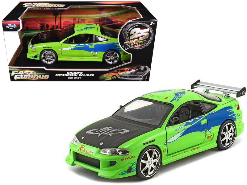 Brian's Mitsubishi Eclipse Green with Black Hood and Graphics The Fast and The Furious 2001 Movie 25 Years of Fast & Furious Series 1/24 Diecast Model Jada 97603-25TH