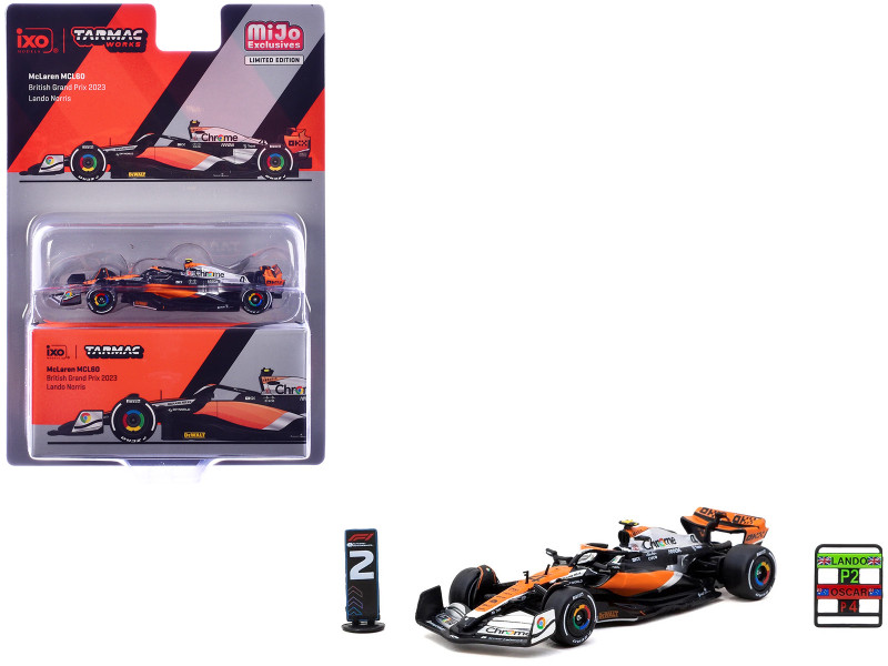 McLaren MCL60 #4 Lando Norris 2nd Place Formula One F1 British GP 2023 with Pitboards Global64 Series 1/64 Diecast Model Car Tarmac Works T64G-F070-LN2