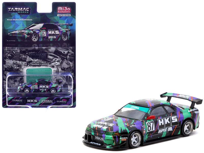 Nissan Skyline (R32) Widebody RHD Right Hand Drive #87 HKS - Designed by Jon Sibal Black with Graphics with Tarmac Cards Global64 Series 1/64 Diecast Model Car Tarmac Works T64G-061-HKS