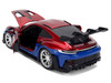 Porsche 911 GT3 RS 992 Red and Blue with Graphics and Spider Man Diecast Figure Marvel Spider Man Hollywood Rides Series 1/24 Diecast Model Car Jada 37442