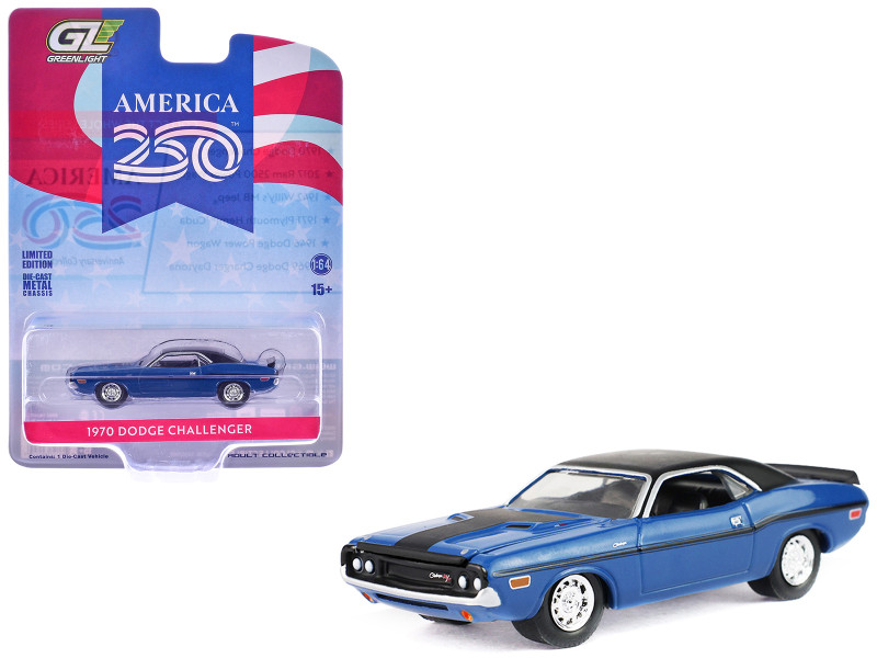1970 Dodge Challenger Blue with Black Top America 250 Edition Anniversary Collection Series 18 1/64 Diecast Model Car Greenlight 28180A