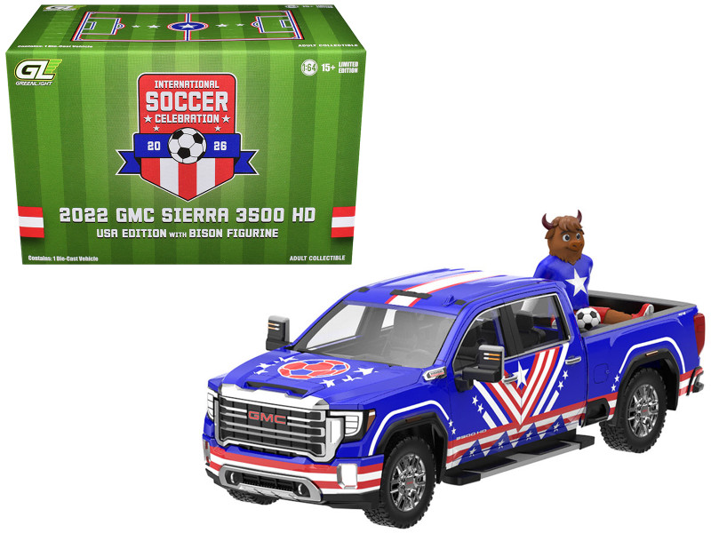 2022 GMC Sierra 3500 HD Pickup Truck Blue with American Soccer Graphics with Bison Figure International Soccer Celebration 26 Series 1/64 Diecast Model Car Greenlight GL30588