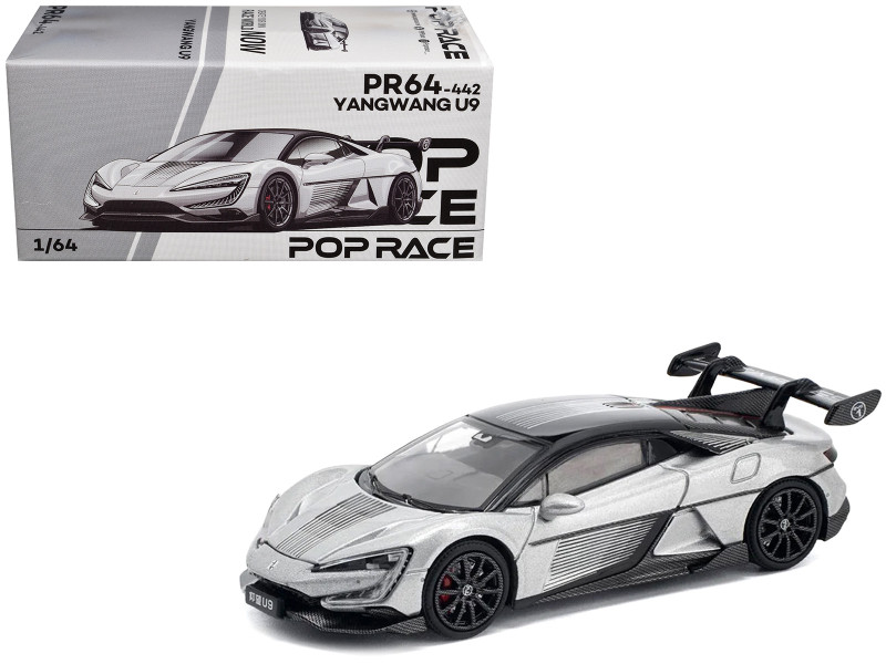 Yangwang U9 Silver Metallic with Black Top and Stripes 1/64 Diecast Model Car Pop Race PR640442