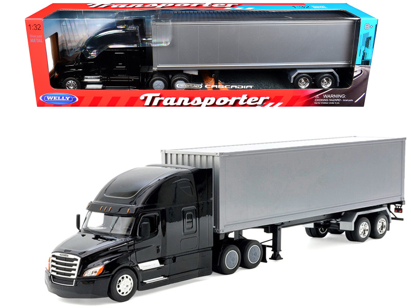 Freightliner Cascadia Truck Black with Silver Container Transporter Series 1/32 Diecast Model Welly 32696W-BKA