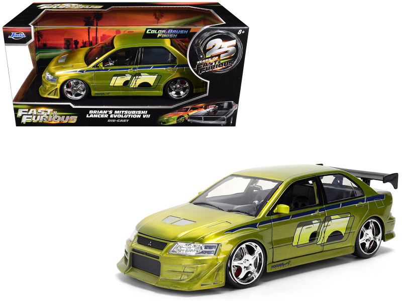 Brian's Mitsubishi Lancer Evolution VII Green Color Brush Finish 2 Fast 2 Furious (2003) Movie 25 Years of Fast & Furious Series1/24 Diecast Model Car Jada 37874