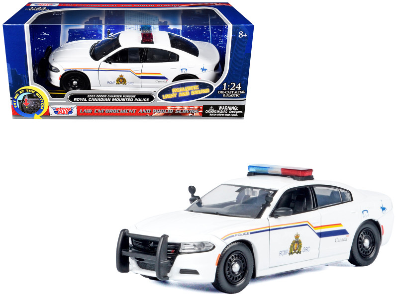 2023 Dodge Charger Pursuit Police Car Royal Canadian Mounted Police RCMP White with Flashing Light Bar and Front and Rear Lights and Sounds 1/24 Diecast Model Car Motormax 79626