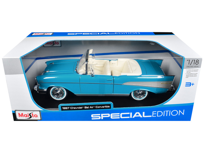 1957 Chevrolet Bel Air Convertible Blue with White Interior Special Edition Series 1/18 Diecast Model Car Maisto 31476BL