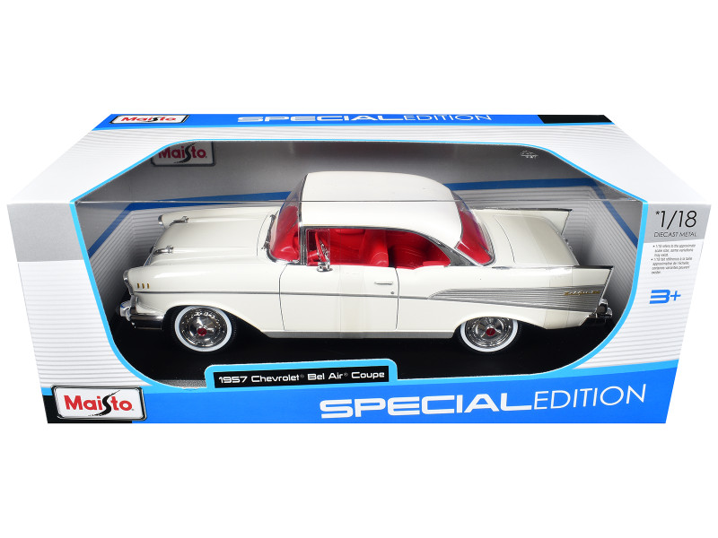 1957 Chevrolet Bel Air Coupe White with Red Interior Special Edition Series 1/18 Diecast Model Car Maisto 31477W