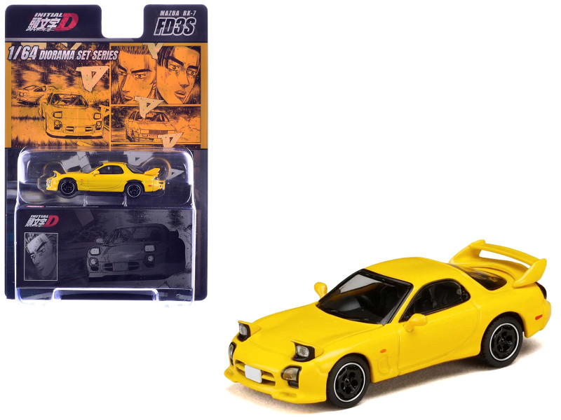 Mazda RX-7 FD3S RHD Right Hand Drive Yellow Initial D 1995-2013 Manga Diorama Set Series 1/64 Diecast Model Car Hobby Japan HJDMD002B