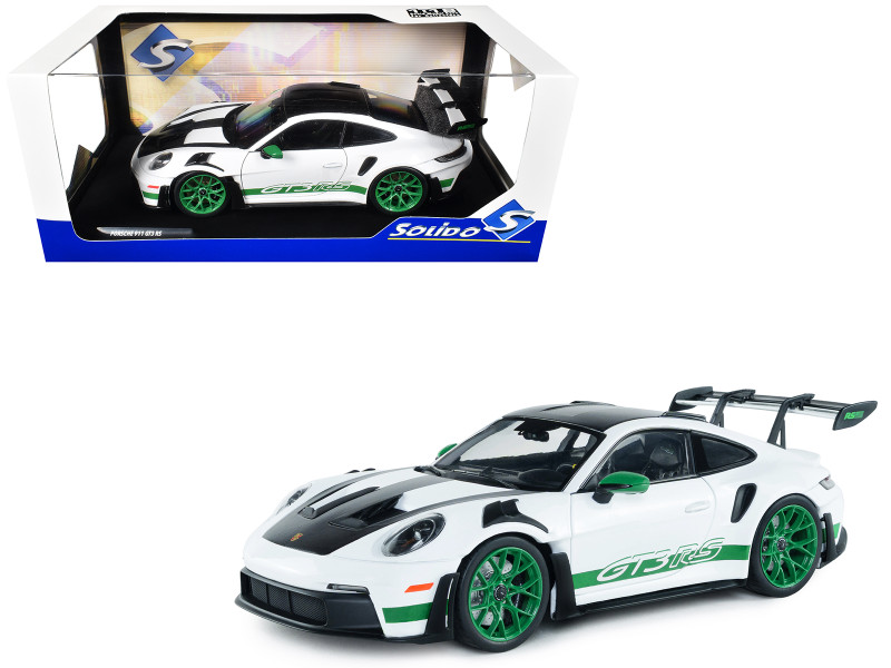2024 Porsche 911 GT3 RS Tribute to Carrera RS Package White with Carbon Hood Stripes and Top and Green Side Stripes and Wheels 1/18 Diecast Model Car Solido S1812107