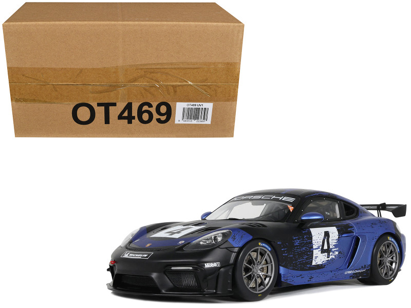 2021 Porsche Cayman 718 GT4 RS Clubsport #4 Black with Blue Graphics Limited Edition to 999 pieces Worldwide 1/18 Model Car Otto Mobile OT469, dropshipping, drop shipping, wholesale drop ship, drop shipper, dropship, dropshippers, toys dropshipper, diecast drop shipper, wholesale dropshippers.