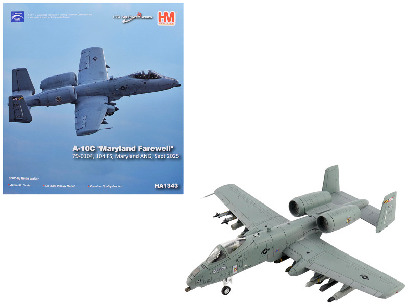 Fairchild Republic A-10C Thunderbolt II Attack Aircraft 80-0283 Maryland Farewell 104 FS Maryland ANG 2025 United States Air Force Air Power Series 1/72 Diecast Model Hobby Master HA1343