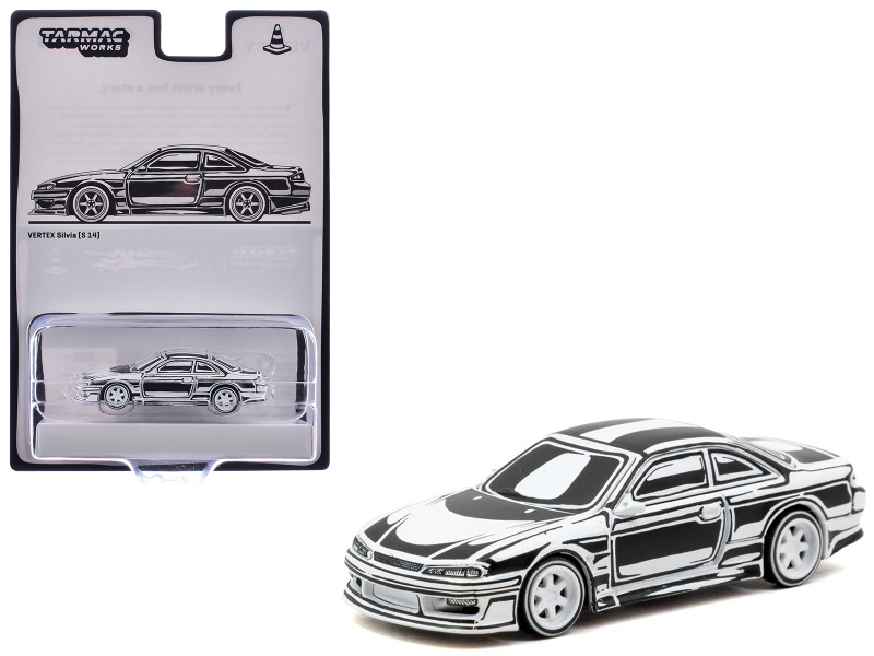 VERTEX Silvia (S14) Designed by Joshua Vides Black and White Global64 Series 1/64 Diecast Model Car Tarmac Works T64G-018-JV