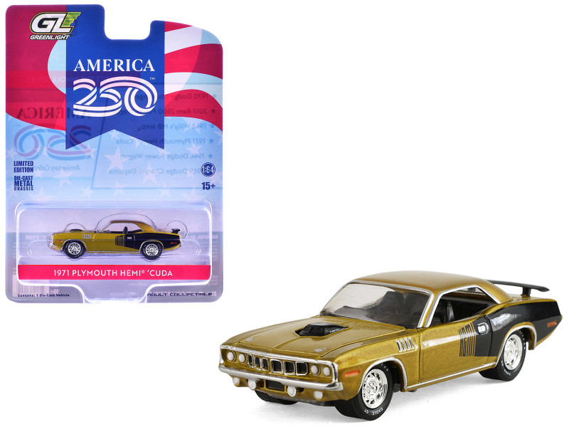1971 Plymouth Hemi ‘Cuda Gold Metallic with Black Accents America 250 Edition Anniversary Collection Series 18 1/64 Diecast Model Car Greenlight 28180D
